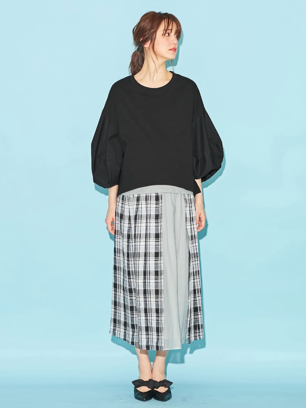 マタニティ トップス|ボリュームスリーブ異素材プルオーバー　マタニティ・授乳服【出産後も長く使える】|ブラック