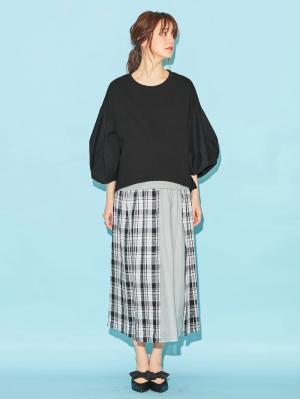 マタニティ トップス|ボリュームスリーブ異素材プルオーバー　マタニティ・授乳服【出産後も長く使える】|ブラック