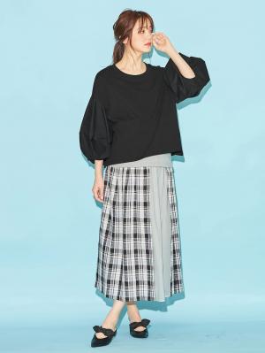 マタニティ トップス|ボリュームスリーブ異素材プルオーバー　マタニティ・授乳服【出産後も長く使える】|ブラック