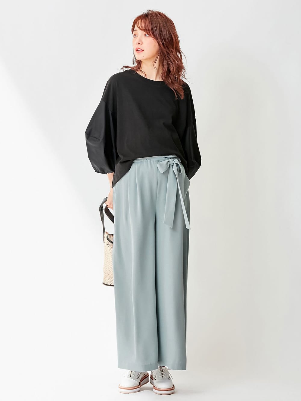 マタニティ トップス|ボリュームスリーブ異素材プルオーバー　マタニティ・授乳服【出産後も長く使える】|ブラック