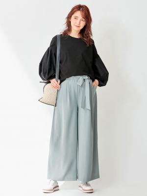 マタニティ トップス|ボリュームスリーブ異素材プルオーバー　マタニティ・授乳服【出産後も長く使える】|ブラック