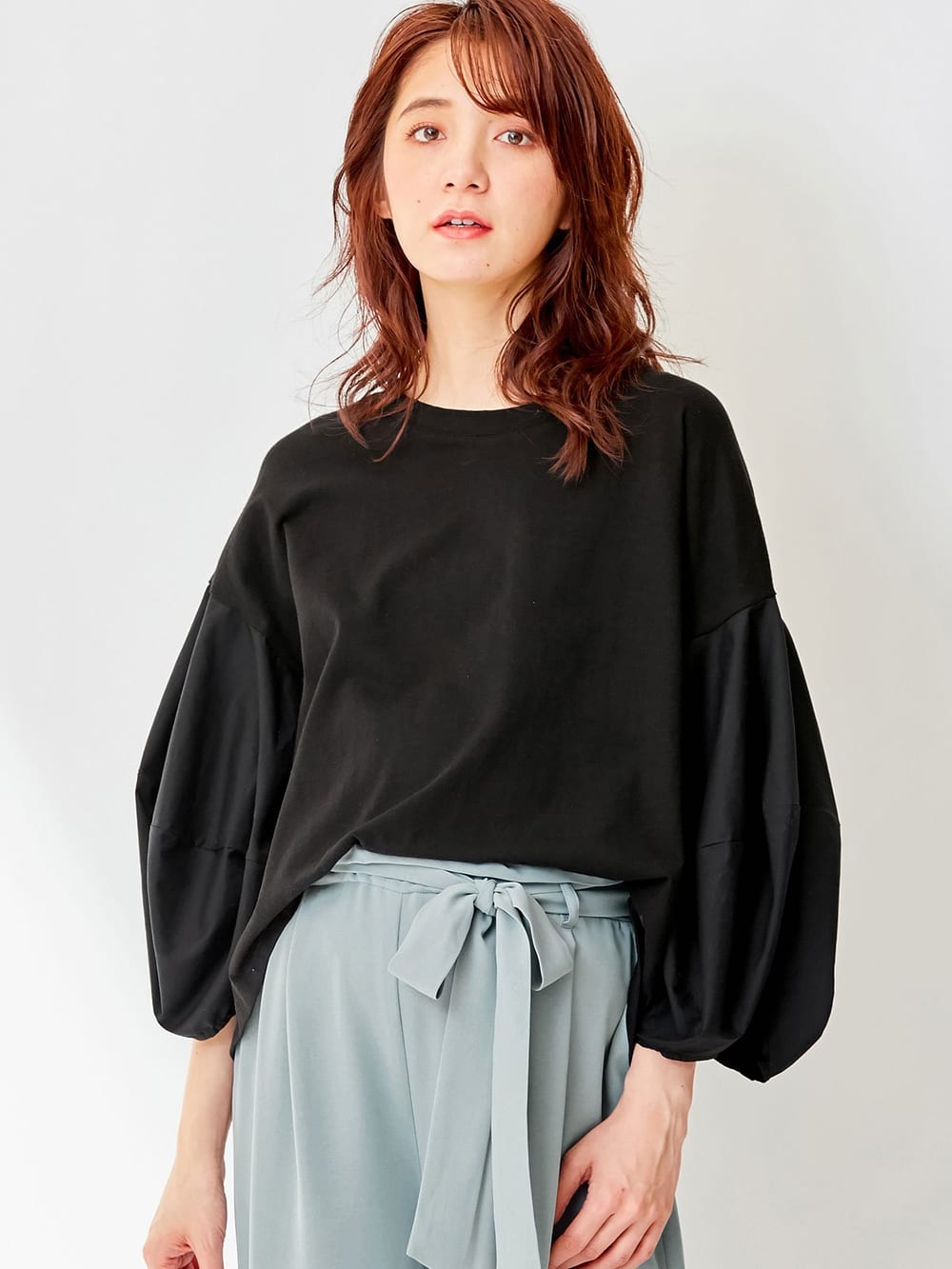 マタニティ トップス|ボリュームスリーブ異素材プルオーバー　マタニティ・授乳服【出産後も長く使える】|ブラック