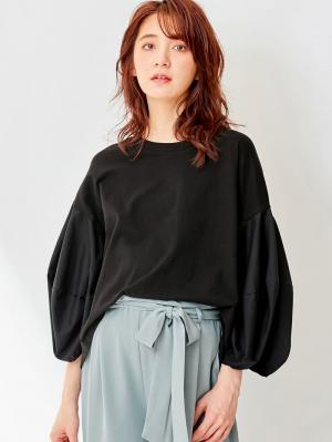 マタニティ トップス|ボリュームスリーブ異素材プルオーバー　マタニティ・授乳服【出産後も長く使える】|ブラック