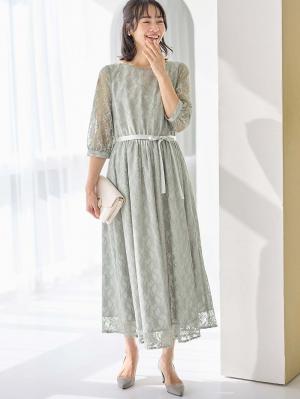 マタニティ ワンピース|総レースロングワンピース（サテンリボンベルト付）　マタニティ・授乳服【出産後も長く使える】|グレー×ライトグレー