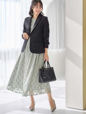 マタニティ ワンピース|総レースロングワンピース（サテンリボンベルト付）　マタニティ・授乳服【出産後も長く使える】|グレー×ライトグレー