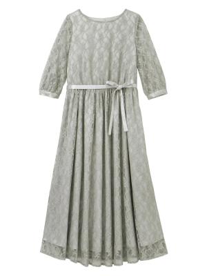 マタニティ ワンピース|総レースロングワンピース（サテンリボンベルト付）　マタニティ・授乳服【出産後も長く使える】|グレー×ライトグレー