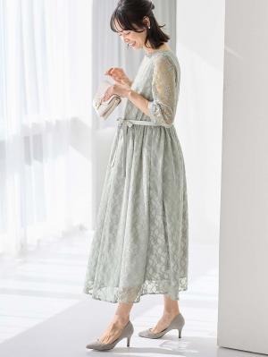 マタニティ ワンピース|総レースロングワンピース（サテンリボンベルト付）　マタニティ・授乳服【出産後も長く使える】|グレー×ライトグレー