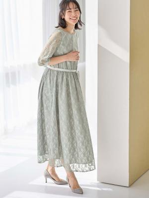 マタニティ ワンピース|総レースロングワンピース（サテンリボンベルト付）　マタニティ・授乳服【出産後も長く使える】|グレー×ライトグレー
