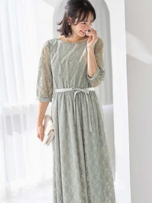 マタニティ ワンピース|総レースロングワンピース（サテンリボンベルト付）　マタニティ・授乳服【出産後も長く使える】|グレー×ライトグレー