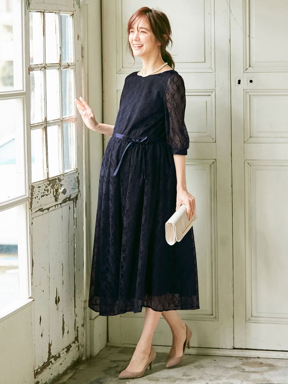 マタニティ ワンピース 総レースロングワンピース サテンリボンベルト付 マタニティ 授乳服 マタニティウェア 授乳服通販 エンジェリーベ 公式