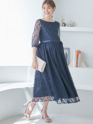 マタニティ ワンピース|総レースロングワンピース（サテンリボンベルト付）　マタニティ・授乳服【出産後も長く使える】|ネイビー×ネイビー