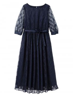 マタニティ ワンピース|総レースロングワンピース（サテンリボンベルト付）　マタニティ・授乳服【出産後も長く使える】|ネイビー×ネイビー