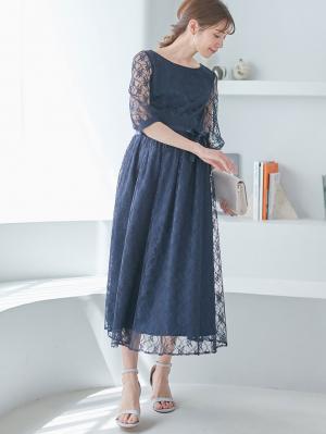 マタニティ ワンピース|総レースロングワンピース（サテンリボンベルト付）　マタニティ・授乳服【出産後も長く使える】|ネイビー×ネイビー