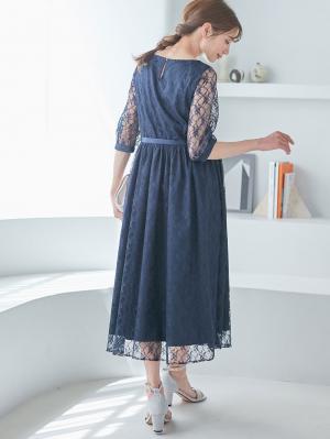 マタニティ ワンピース|総レースロングワンピース（サテンリボンベルト付）　マタニティ・授乳服【出産後も長く使える】|ネイビー×ネイビー