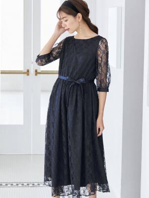 マタニティ ワンピース|総レースロングワンピース（サテンリボンベルト付）　マタニティ・授乳服【出産後も長く使える】|ネイビー×ネイビー