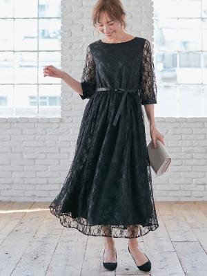 マタニティ ワンピース|総レースロングワンピース（サテンリボンベルト付）　マタニティ・授乳服【出産後も長く使える】|ブラック×ブラック