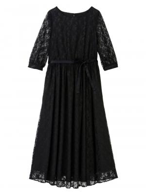 マタニティ ワンピース|総レースロングワンピース（サテンリボンベルト付）　マタニティ・授乳服【出産後も長く使える】|ブラック×ブラック