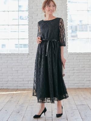 マタニティ ワンピース|総レースロングワンピース（サテンリボンベルト付）　マタニティ・授乳服【出産後も長く使える】|ブラック×ブラック