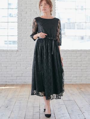 マタニティ ワンピース|総レースロングワンピース（サテンリボンベルト付）　マタニティ・授乳服【出産後も長く使える】|ブラック×ブラック