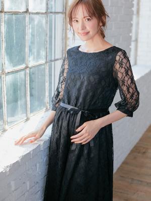 マタニティ ワンピース|総レースロングワンピース（サテンリボンベルト付）　マタニティ・授乳服【出産後も長く使える】|ブラック×ブラック