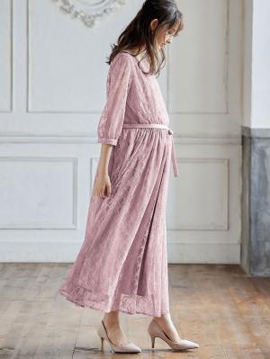 マタニティ ワンピース|総レースロングワンピース（サテンリボンベルト付）　マタニティ・授乳服【出産後も長く使える】|モーブ×モーブ