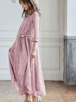 マタニティ ワンピース|総レースロングワンピース（サテンリボンベルト付）　マタニティ・授乳服【出産後も長く使える】|モーブ×モーブ