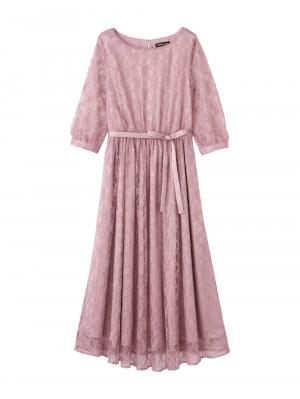 マタニティ ワンピース|総レースロングワンピース（サテンリボンベルト付）　マタニティ・授乳服【出産後も長く使える】|モーブ×モーブ