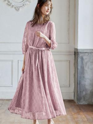 マタニティ ワンピース|総レースロングワンピース（サテンリボンベルト付）　マタニティ・授乳服【出産後も長く使える】|モーブ×モーブ