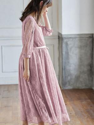 マタニティ ワンピース|総レースロングワンピース（サテンリボンベルト付）　マタニティ・授乳服【出産後も長く使える】|モーブ×モーブ