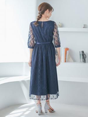 マタニティ ワンピース|総レースロングワンピース（サテンリボンベルト付）　マタニティ・授乳服【出産後も長く使える】