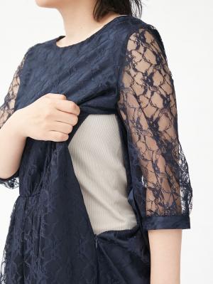 マタニティ ワンピース|総レースロングワンピース（サテンリボンベルト付）　マタニティ・授乳服【出産後も長く使える】