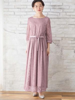 マタニティ ワンピース|総レースロングワンピース（サテンリボンベルト付）　マタニティ・授乳服【出産後も長く使える】