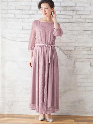 マタニティ ワンピース|総レースロングワンピース（サテンリボンベルト付）　マタニティ・授乳服【出産後も長く使える】