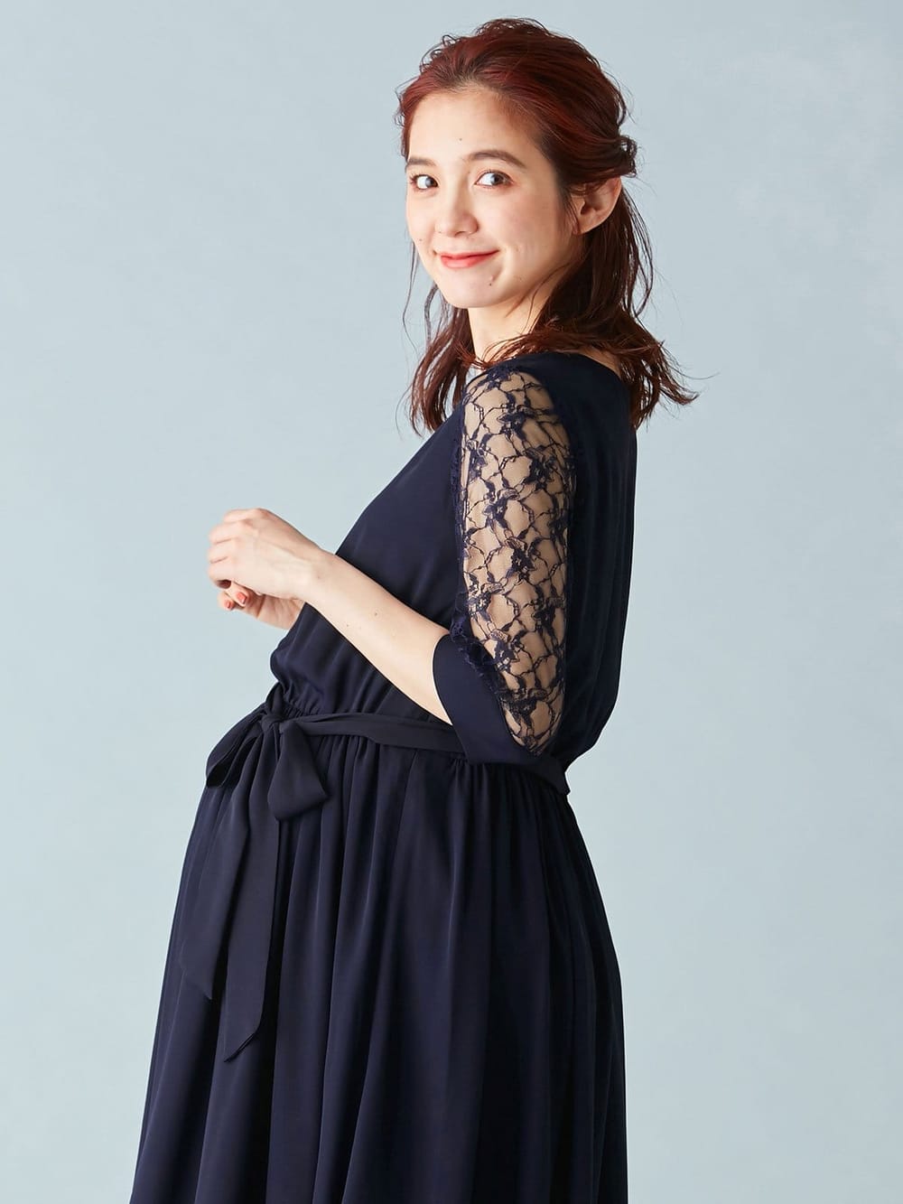 マタニティ ワンピース 授乳口付 ロング マキシ選べる丈のレーススリーブワンピース マタニティウェア 授乳服通販 エンジェリーベ 公式