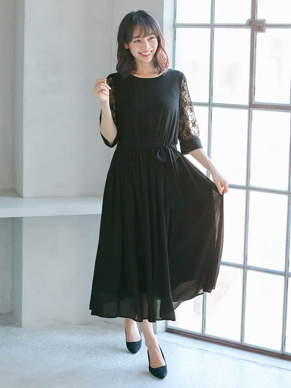 マタニティ ワンピース 授乳口付 ロング マキシ選べる丈のレーススリーブワンピース マタニティウェア 授乳服通販 エンジェリーベ 公式