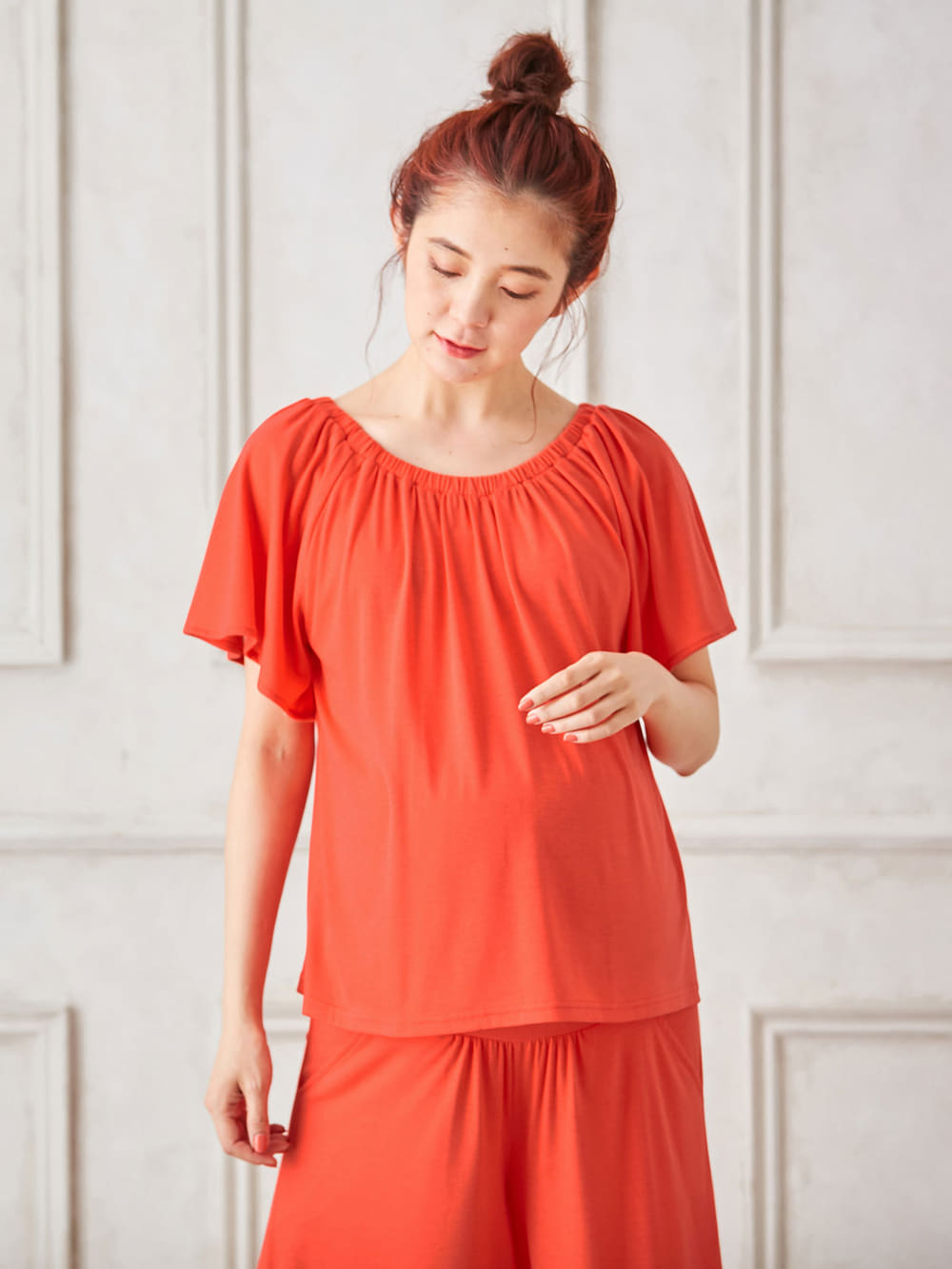 マタニティ パジャマ・ルームウェア|【授乳しやすい】【セット】カットソーオフショルトップス&ガウチョパンツ|オレンジ×オレンジ