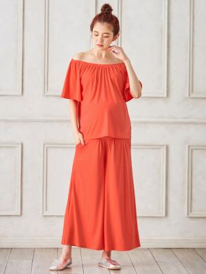 マタニティ パジャマ・ルームウェア|【授乳しやすい】【セット】カットソーオフショルトップス&ガウチョパンツ|オレンジ×オレンジ