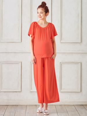 マタニティ パジャマ・ルームウェア|【授乳しやすい】【セット】カットソーオフショルトップス&ガウチョパンツ|オレンジ×オレンジ