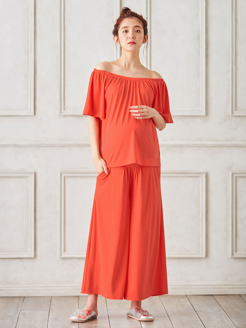 マタニティ パジャマ・ルームウェア|【授乳しやすい】【セット】カットソーオフショルトップス&ガウチョパンツ|オレンジ×オレンジ