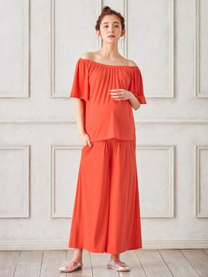 マタニティ パジャマ・ルームウェア|【授乳しやすい】【セット】カットソーオフショルトップス&ガウチョパンツ|オレンジ×オレンジ