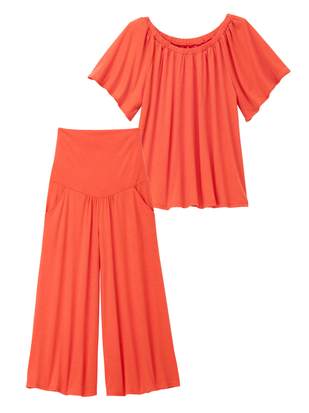 マタニティ パジャマ・ルームウェア|【授乳しやすい】【セット】カットソーオフショルトップス&ガウチョパンツ|オレンジ×オレンジ