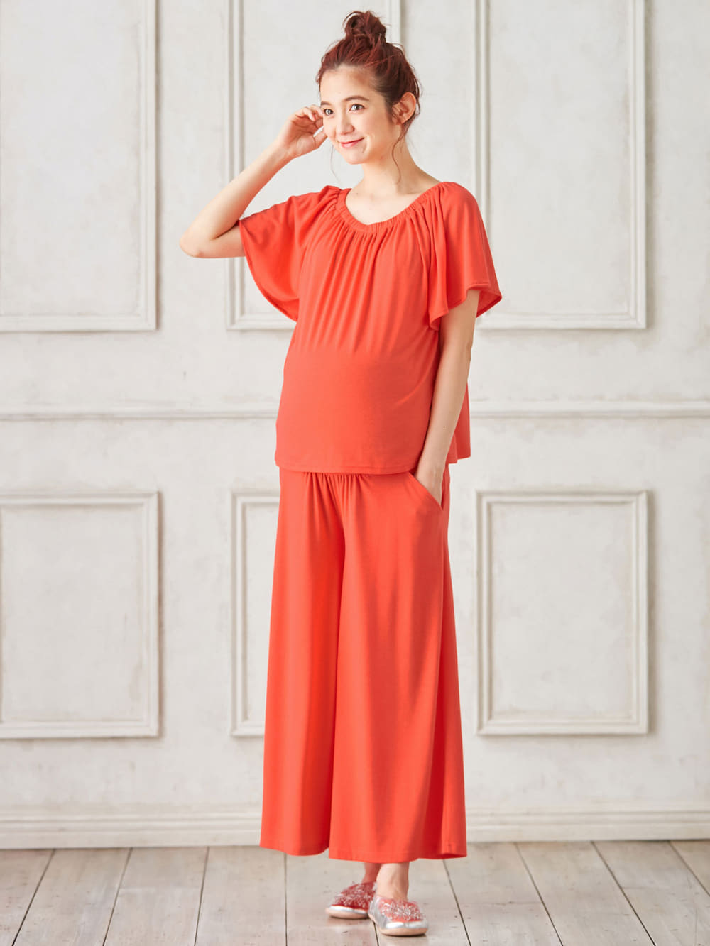 マタニティ パジャマ・ルームウェア|【授乳しやすい】【セット】カットソーオフショルトップス&ガウチョパンツ|オレンジ×オレンジ