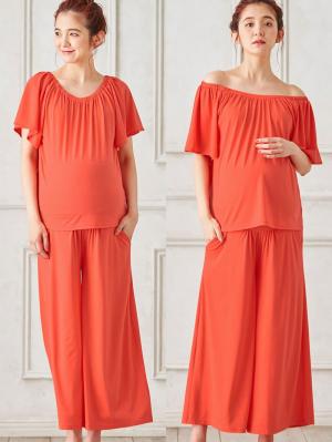 マタニティ パジャマ・ルームウェア|【授乳しやすい】【セット】カットソーオフショルトップス&ガウチョパンツ|オレンジ×オレンジ