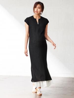 マタニティ ワンピース|【マタニティ・授乳服】キーネックリブニットワンピース【出産後も長く使える】|ブラック