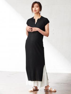 マタニティ ワンピース|【マタニティ・授乳服】キーネックリブニットワンピース【出産後も長く使える】|ブラック