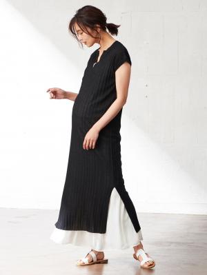 マタニティ ワンピース|【マタニティ・授乳服】キーネックリブニットワンピース【出産後も長く使える】|ブラック