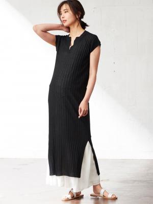 マタニティ ワンピース|【マタニティ・授乳服】キーネックリブニットワンピース【出産後も長く使える】|ブラック