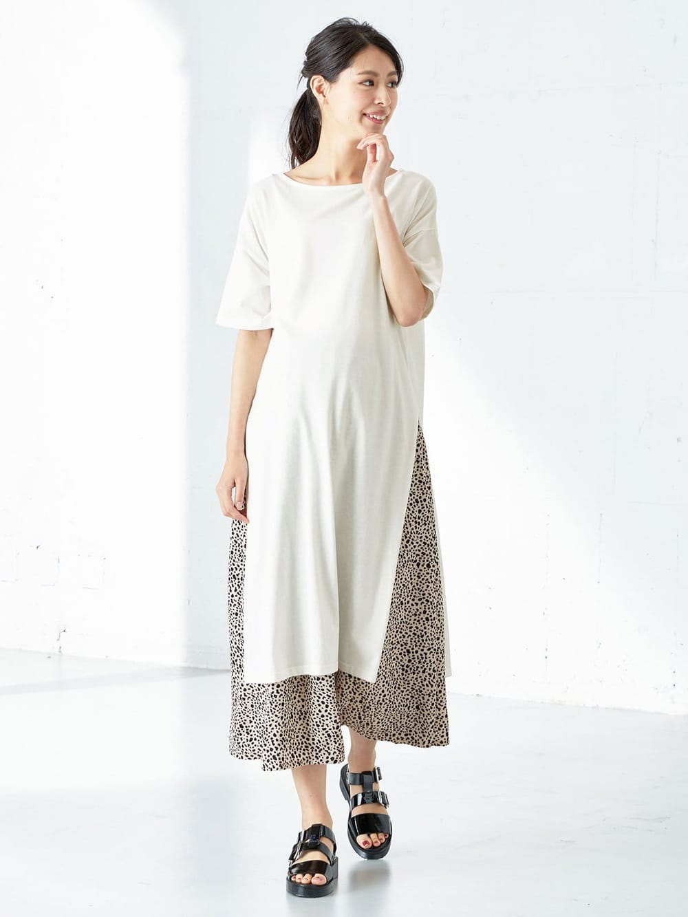 マタニティ ワンピース 授乳口付 セット スリットtシャツワンピ 産後も使えるレオパードマキシスカートセット マタニティウェア 授乳服通販 エンジェリーベ 公式