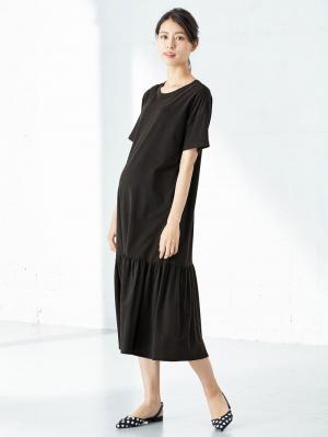 マタニティ ワンピース|裾ギャザーワンピース マタニティ・授乳服【出産後も長く使える】|ブラック
