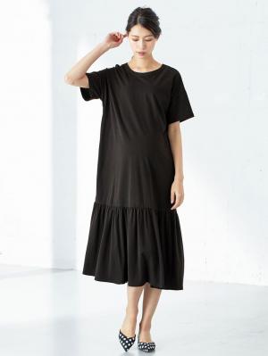 マタニティ ワンピース|裾ギャザーワンピース マタニティ・授乳服【出産後も長く使える】|ブラック